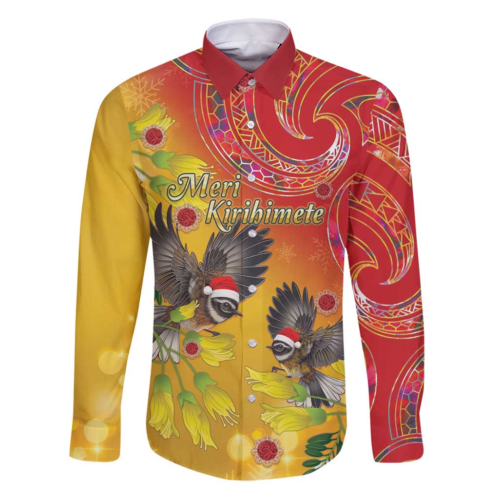New Zealand Piwakawaka Christmas Family Matching Summer Maxi Dress and Hawaiian Shirt With Maori Pattern LT05 Dad's Shirt - Long Sleeve Yellow - Polynesian Pride