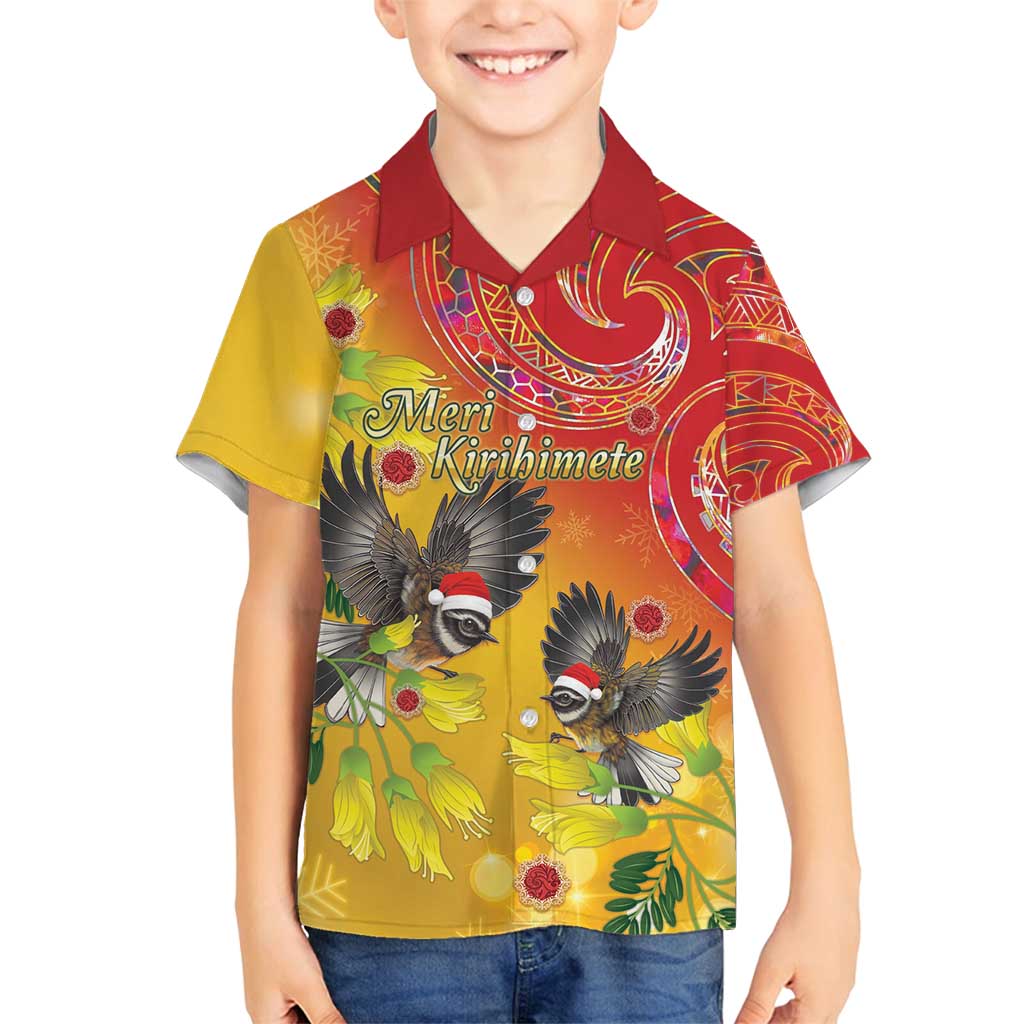 New Zealand Piwakawaka Christmas Family Matching Tank Maxi Dress and Hawaiian Shirt With Maori Pattern LT05 Son's Shirt Yellow - Polynesian Pride
