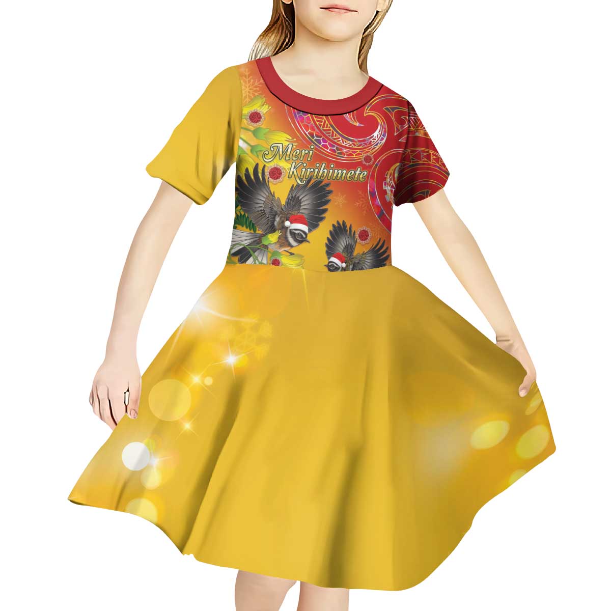 New Zealand Piwakawaka Christmas Kid Short Sleeve Dress With Maori Pattern