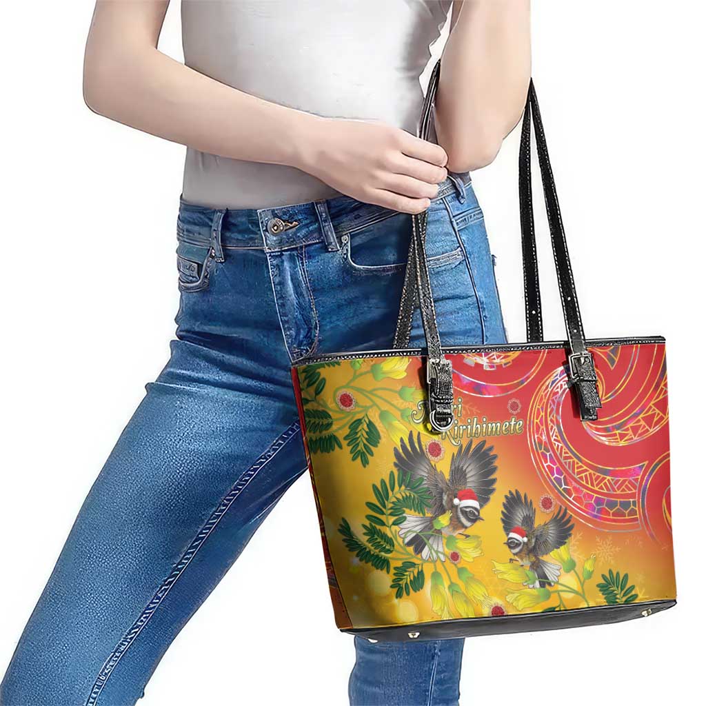 New Zealand Piwakawaka Christmas Leather Tote Bag With Maori Pattern
