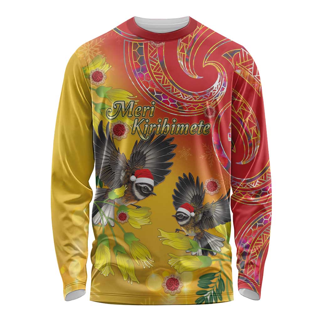 New Zealand Piwakawaka Christmas Long Sleeve Shirt With Maori Pattern LT05 Unisex Yellow - Polynesian Pride