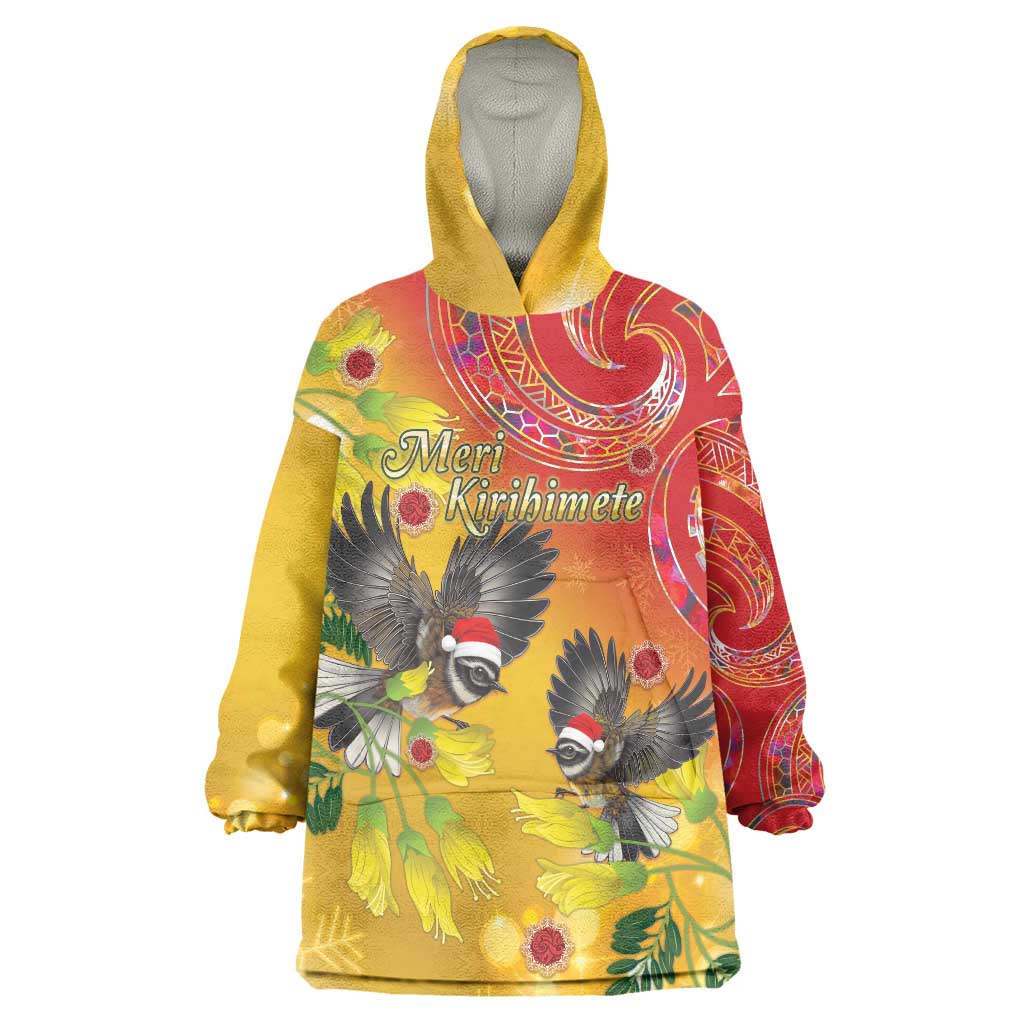 New Zealand Piwakawaka Christmas Wearable Blanket Hoodie With Maori Pattern LT05 One Size Yellow - Polynesian Pride