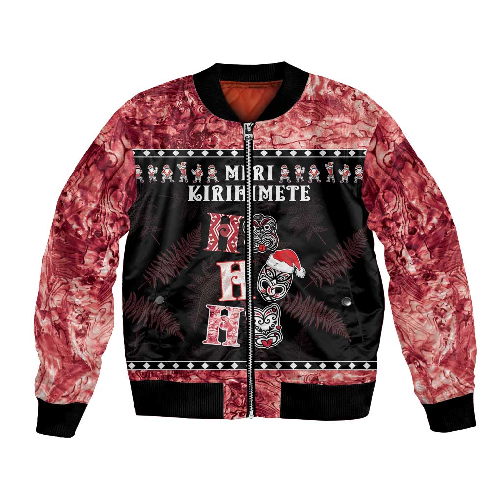 Personalised New Zealand Tiki Christmas Bomber Jacket Ho Ho Ho Paua Shell Glitter Red LT05 Unisex Black - Polynesian Pride