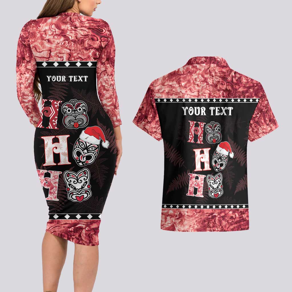 Personalised New Zealand Tiki Christmas Couples Matching Long Sleeve Bodycon Dress and Hawaiian Shirt Ho Ho Ho Paua Shell Glitter Red