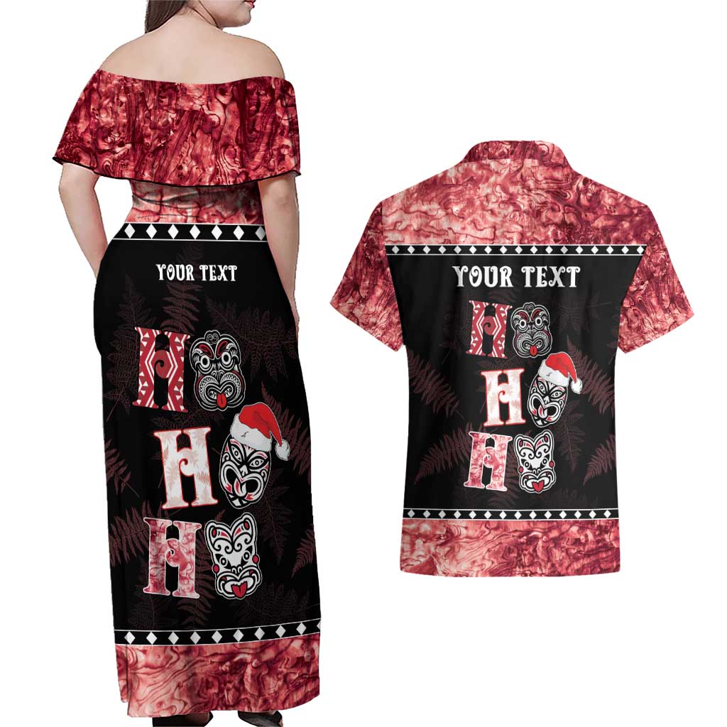 Personalised New Zealand Tiki Christmas Couples Matching Off Shoulder Maxi Dress and Hawaiian Shirt Ho Ho Ho Paua Shell Glitter Red