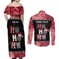 Personalised New Zealand Tiki Christmas Couples Matching Off Shoulder Maxi Dress and Long Sleeve Button Shirt Ho Ho Ho Paua Shell Glitter Red