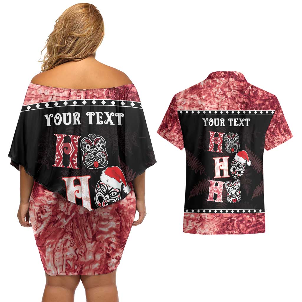 Personalised New Zealand Tiki Christmas Couples Matching Off Shoulder Short Dress and Hawaiian Shirt Ho Ho Ho Paua Shell Glitter Red