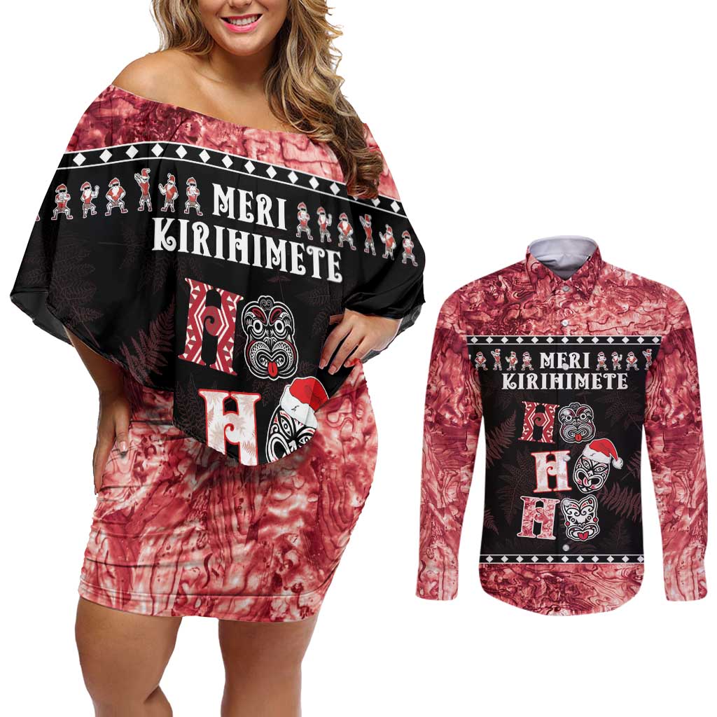 Personalised New Zealand Tiki Christmas Couples Matching Off Shoulder Short Dress and Long Sleeve Button Shirt Ho Ho Ho Paua Shell Glitter Red LT05 Black - Polynesian Pride