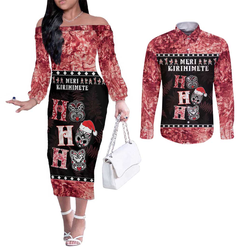 Personalised New Zealand Tiki Christmas Couples Matching Off The Shoulder Long Sleeve Dress and Long Sleeve Button Shirt Ho Ho Ho Paua Shell Glitter Red LT05 Black - Polynesian Pride