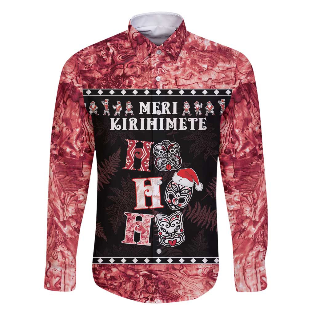 Personalised New Zealand Tiki Christmas Family Matching Mermaid Dress and Hawaiian Shirt Ho Ho Ho Paua Shell Glitter Red LT05 Dad's Shirt - Long Sleeve Black - Polynesian Pride