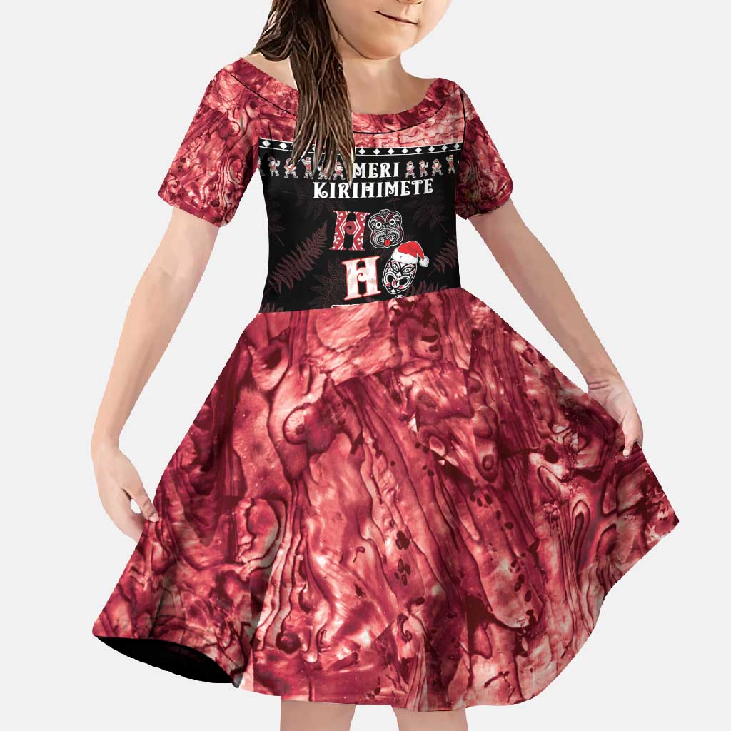 Personalised New Zealand Tiki Christmas Family Matching Summer Maxi Dress and Hawaiian Shirt Ho Ho Ho Paua Shell Glitter Red LT05 Daughter's Dress Black - Polynesian Pride
