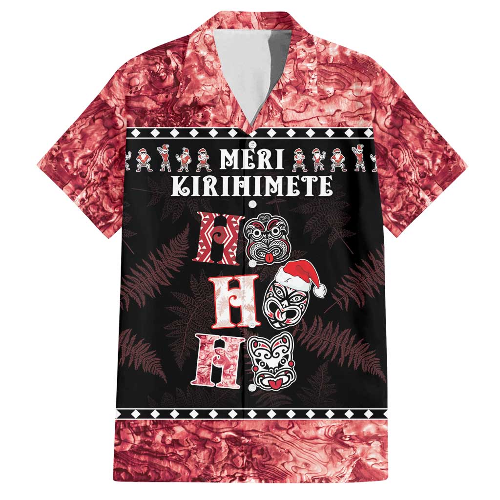 Personalised New Zealand Tiki Christmas Family Matching Summer Maxi Dress and Hawaiian Shirt Ho Ho Ho Paua Shell Glitter Red LT05 Dad's Shirt - Short Sleeve Black - Polynesian Pride