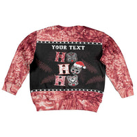 Personalised New Zealand Tiki Christmas Kid Ugly Christmas Sweater Ho Ho Ho Paua Shell Glitter Red