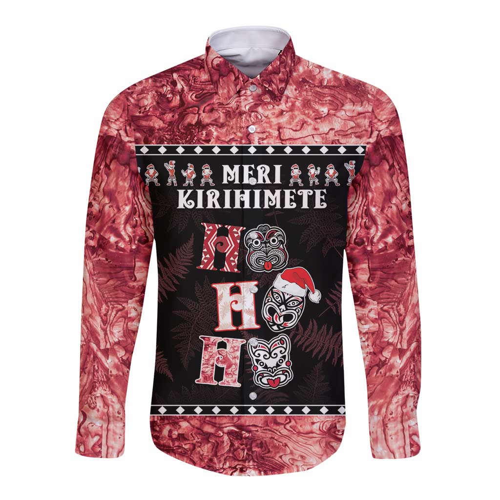 Personalised New Zealand Tiki Christmas Long Sleeve Button Shirt Ho Ho Ho Paua Shell Glitter Red LT05 Unisex Black - Polynesian Pride