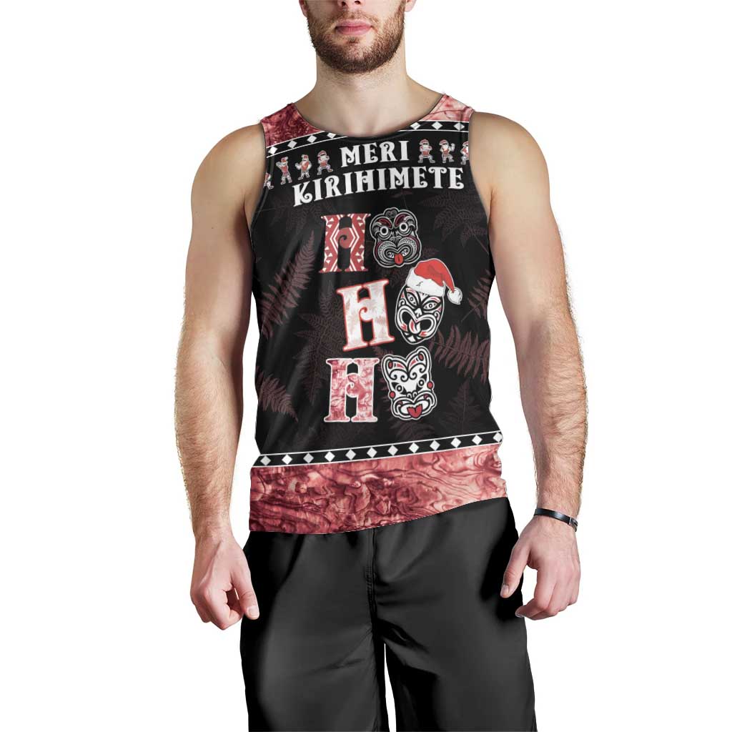 Personalised New Zealand Tiki Christmas Men Tank Top Ho Ho Ho Paua Shell Glitter Red