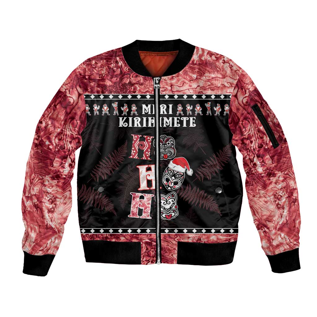 Personalised New Zealand Tiki Christmas Sleeve Zip Bomber Jacket Ho Ho Ho Paua Shell Glitter Red LT05 Unisex Black - Polynesian Pride