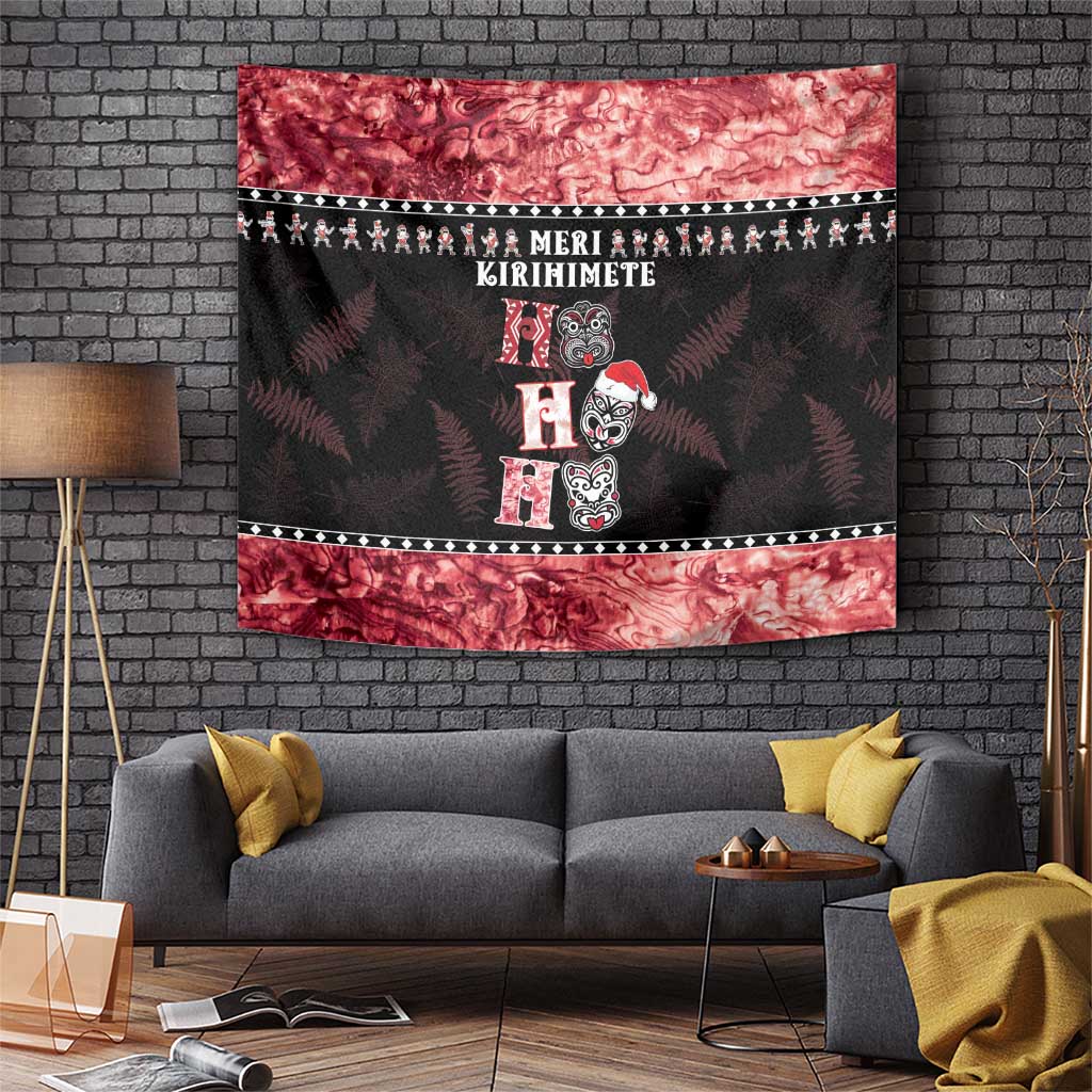 New Zealand Tiki Christmas Tapestry Ho Ho Ho Paua Shell Glitter Red LT05 Black - Polynesian Pride