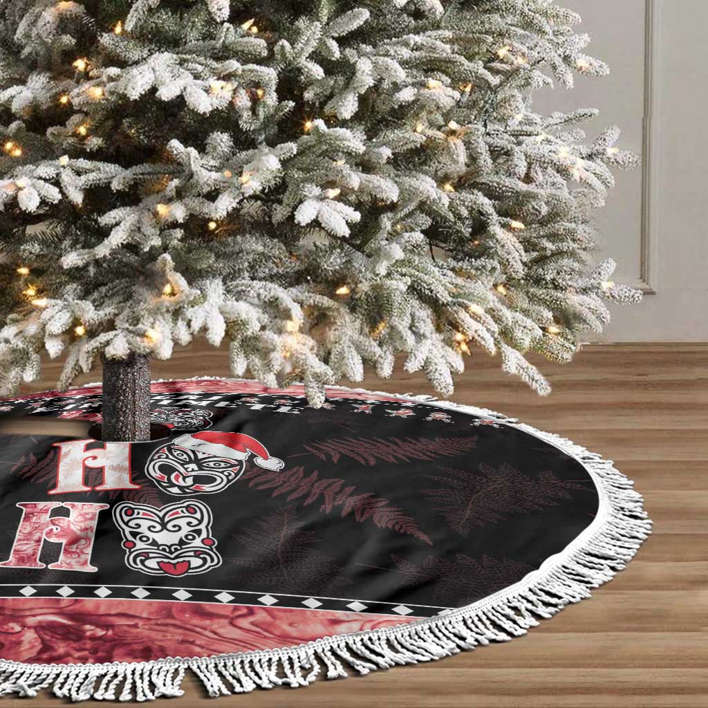 Personalised New Zealand Tiki Christmas Tree Skirt Ho Ho Ho Paua Shell Glitter Red