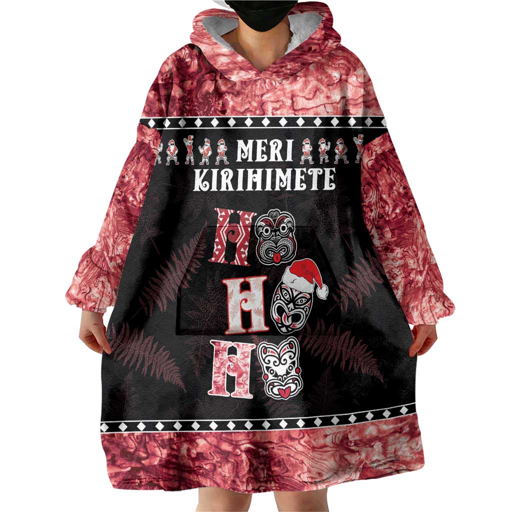 Personalised New Zealand Tiki Christmas Wearable Blanket Hoodie Ho Ho Ho Paua Shell Glitter Red