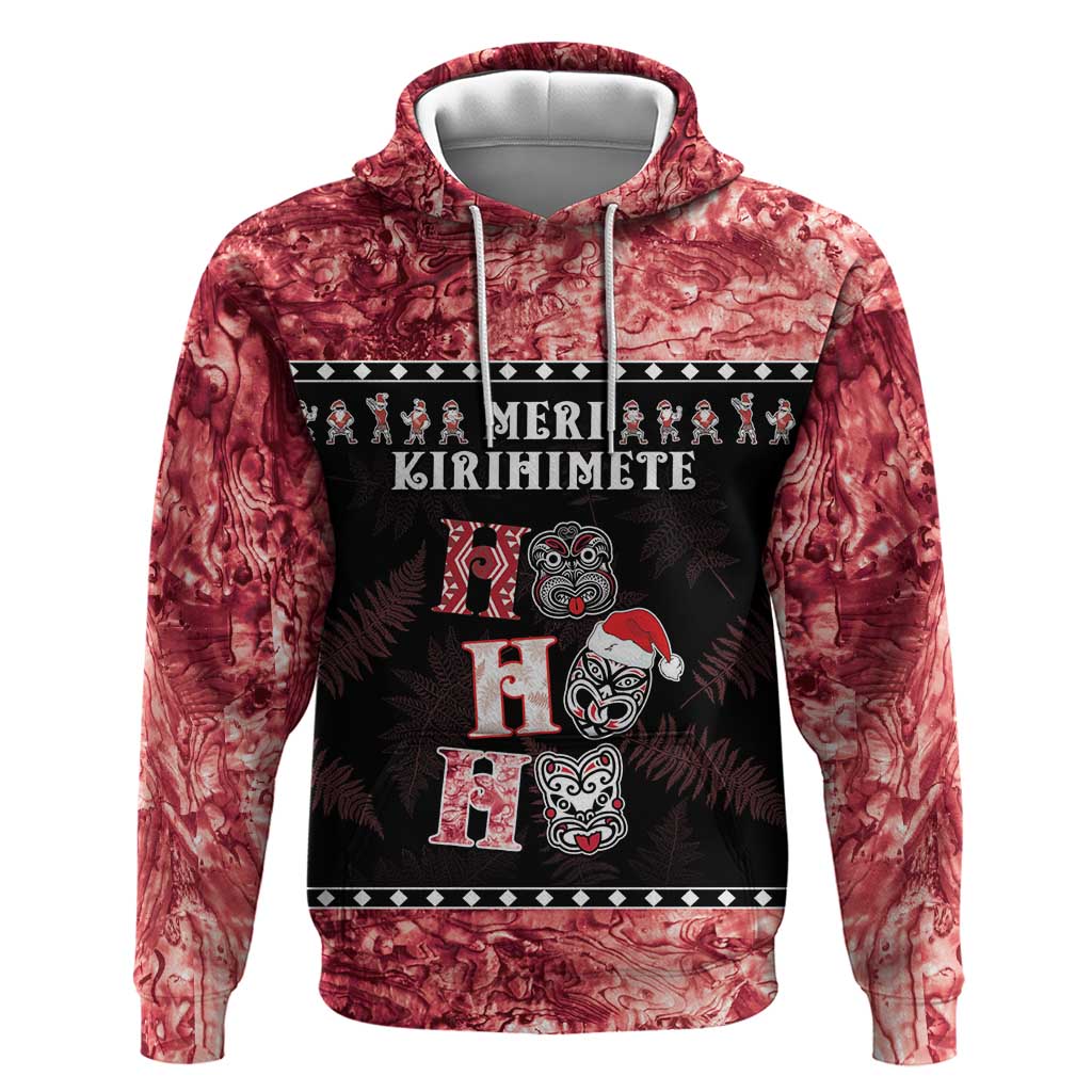 Personalised New Zealand Tiki Christmas Zip Hoodie Ho Ho Ho Paua Shell Glitter Red LT05 Pullover Hoodie Black - Polynesian Pride