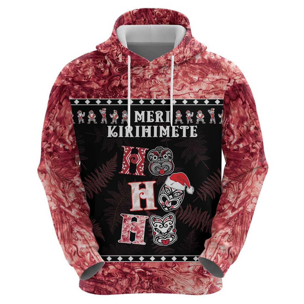 Personalised New Zealand Tiki Christmas Zip Hoodie Ho Ho Ho Paua Shell Glitter Red LT05 - Polynesian Pride