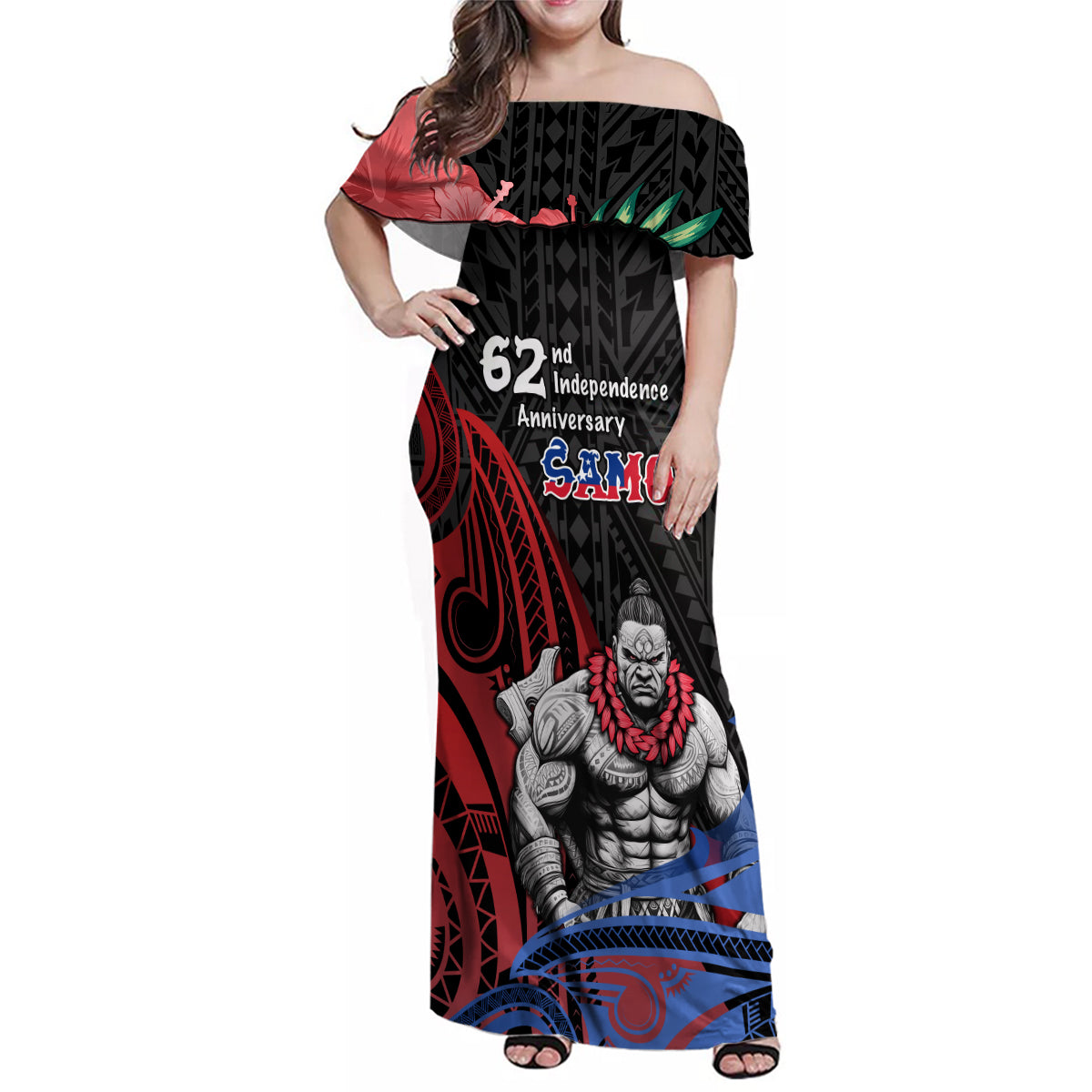 Samoa Independence Day Family Matching Off Shoulder Maxi Dress and Hawaiian Shirt Samoan Warriors Ula Fala LT05 Mom's Dress Black - Polynesian Pride