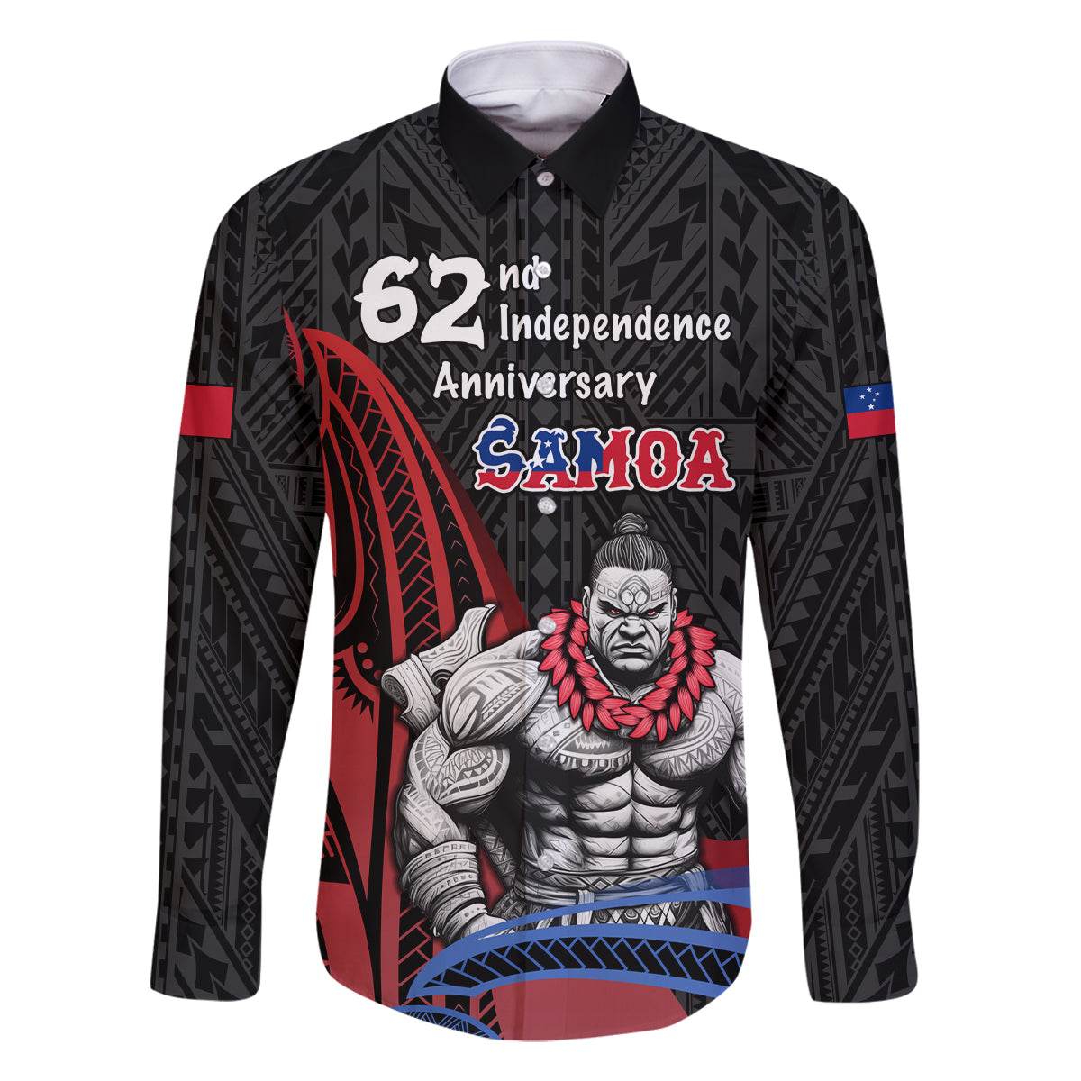 Samoa Independence Day Family Matching Off Shoulder Short Dress and Hawaiian Shirt Samoan Warriors Ula Fala LT05 Dad's Shirt - Long Sleeve Black - Polynesian Pride