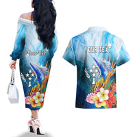 Personalised Kosrae Constitution Day Couples Matching Off The Shoulder Long Sleeve Dress and Hawaiian Shirt Humpback Whale Tropical Flowers LT05 - Polynesian Pride