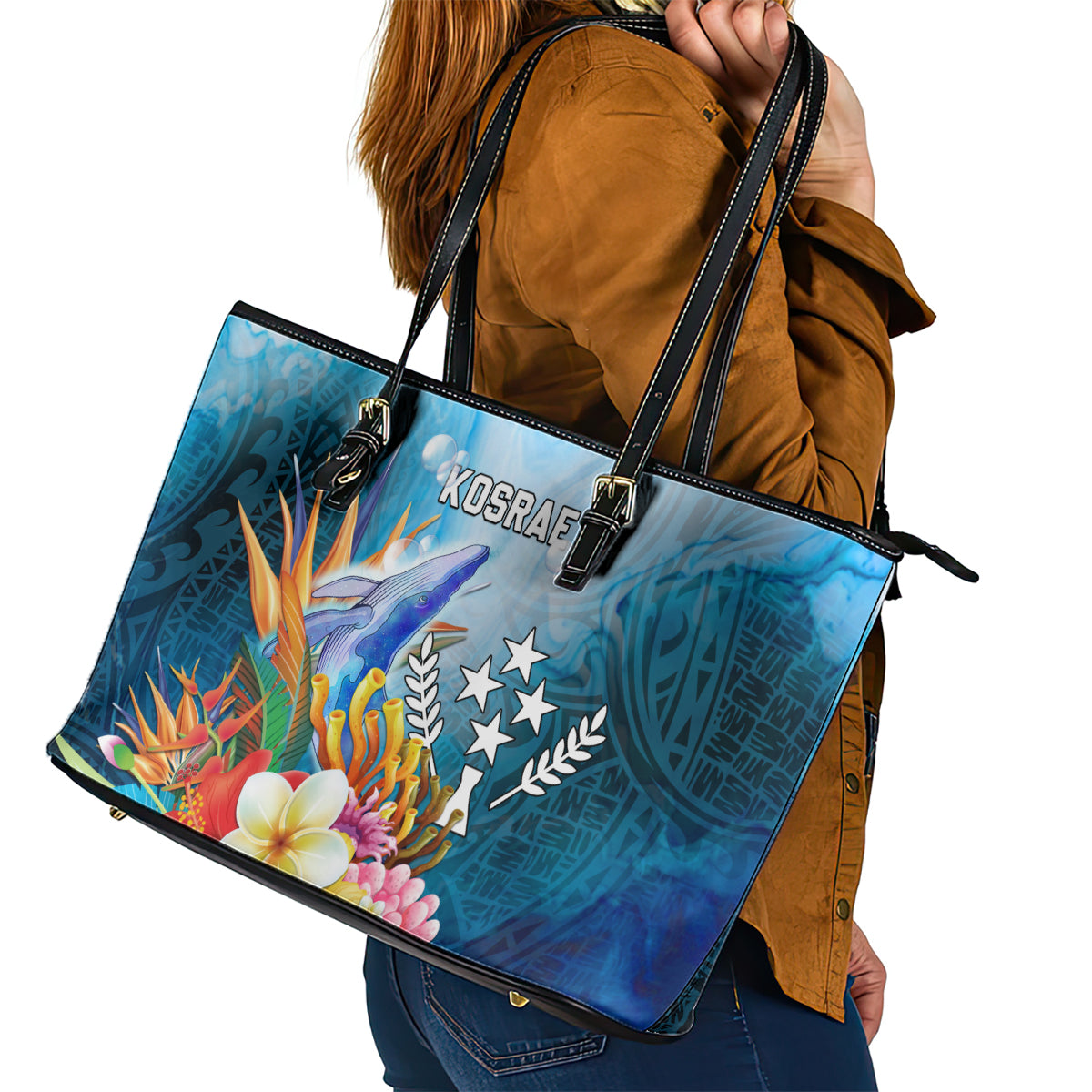 Kosrae Constitution Day Leather Tote Bag Humpback Whale Tropical Flowers LT05 - Polynesian Pride