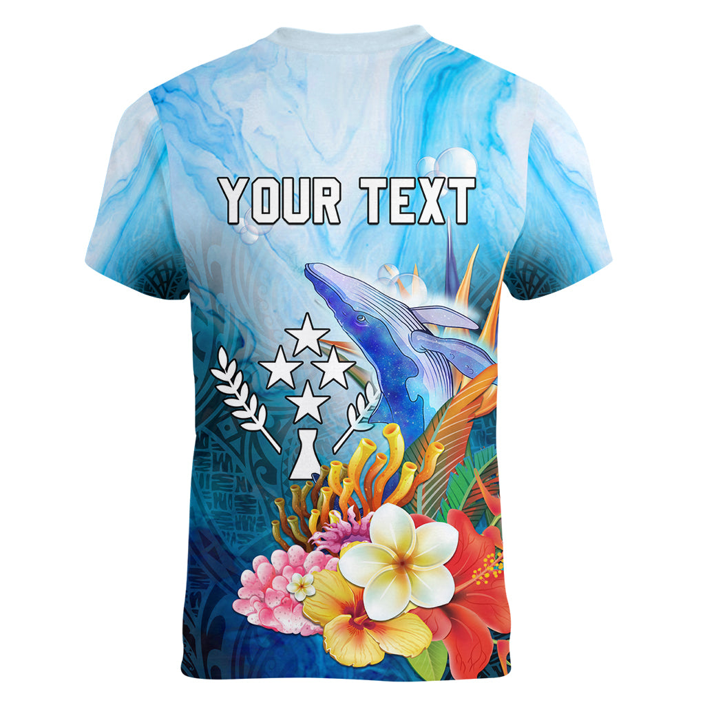 Personalised Kosrae Constitution Day Women V Neck T Shirt Humpback Whale Tropical Flowers LT05 - Polynesian Pride