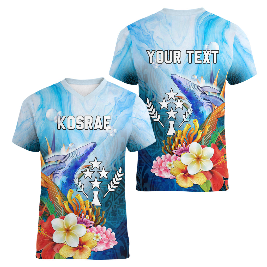 Personalised Kosrae Constitution Day Women V Neck T Shirt Humpback Whale Tropical Flowers LT05 - Polynesian Pride