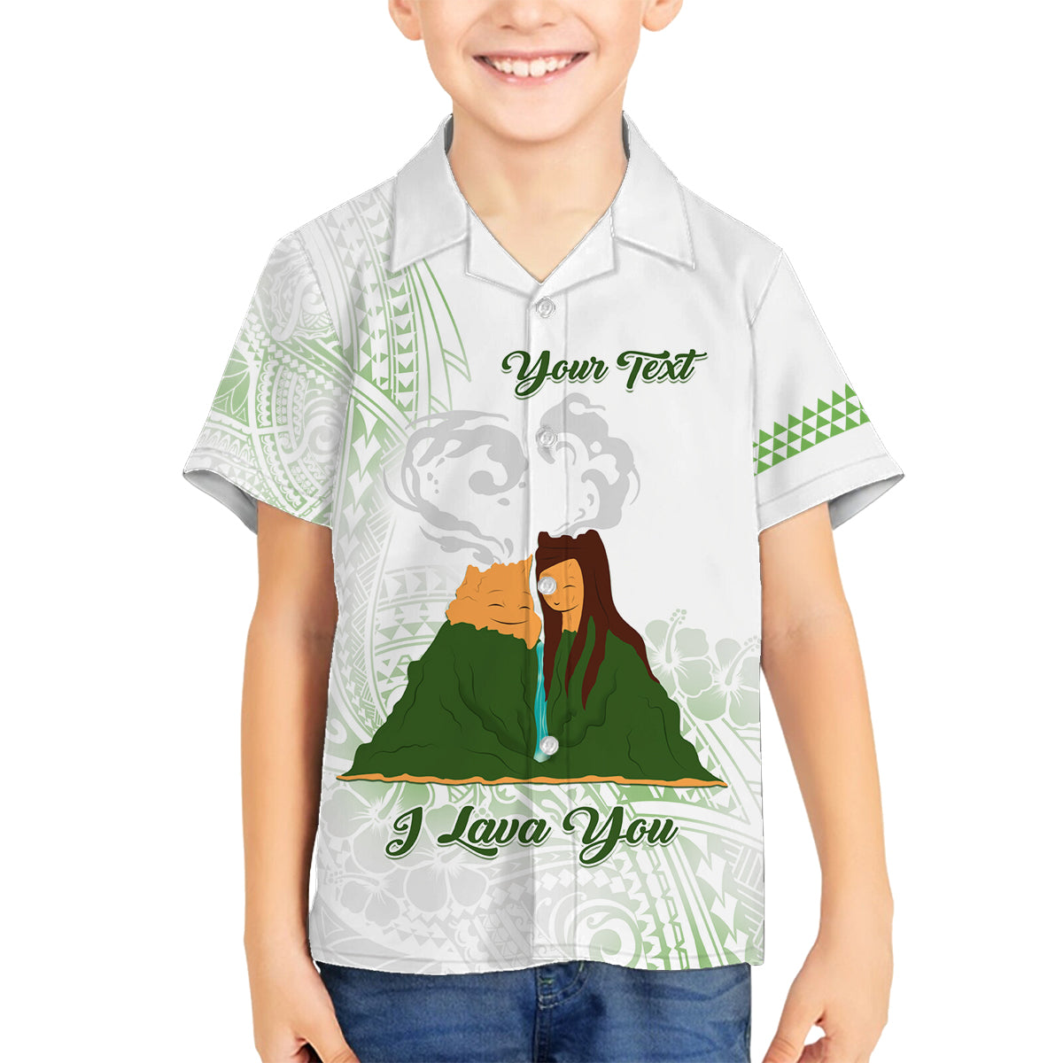 Personalised I LAVA YOU Volcano Valentine Family Matching Off Shoulder Maxi Dress and Hawaiian Shirt Polynesian Tribal Pattern LT05 Son's Shirt White - Polynesian Pride