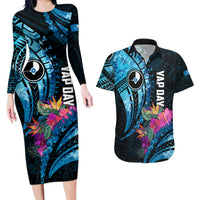 Personalised FSM Yap State Day Couples Matching Long Sleeve Bodycon Dress and Hawaiian Shirt Tropical Flowers Tribal Pattern LT05 Blue - Polynesian Pride