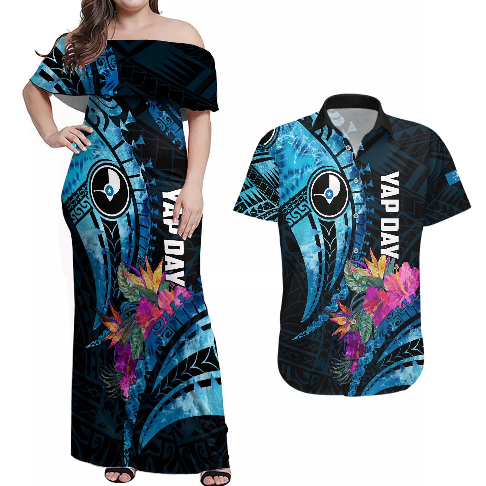 Personalised FSM Yap State Day Couples Matching Off Shoulder Maxi Dress and Hawaiian Shirt Tropical Flowers Tribal Pattern LT05 Blue - Polynesian Pride