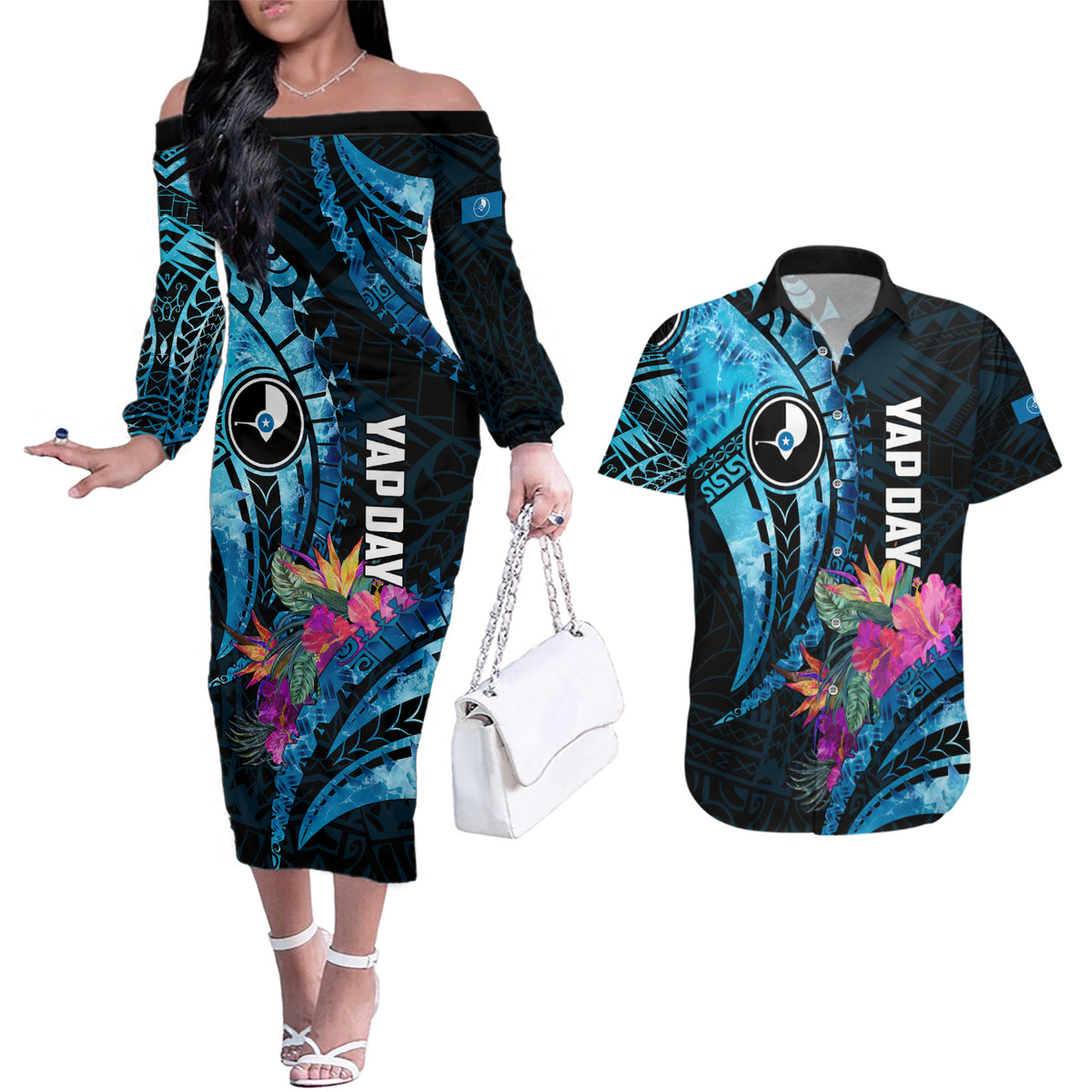 Personalised FSM Yap State Day Couples Matching Off The Shoulder Long Sleeve Dress and Hawaiian Shirt Tropical Flowers Tribal Pattern LT05 Blue - Polynesian Pride