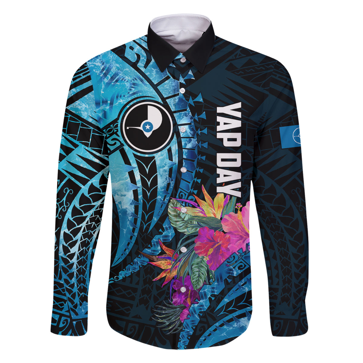 Personalised FSM Yap State Day Family Matching Mermaid Dress and Hawaiian Shirt Tropical Flowers Tribal Pattern LT05 Dad's Shirt - Long Sleeve Blue - Polynesian Pride