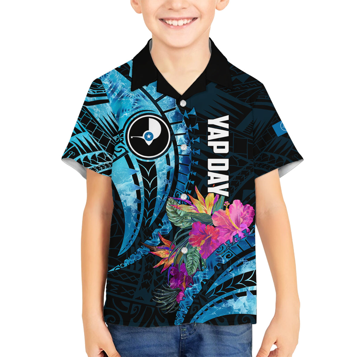 Personalised FSM Yap State Day Family Matching Off Shoulder Maxi Dress and Hawaiian Shirt Tropical Flowers Tribal Pattern LT05 Son's Shirt Blue - Polynesian Pride