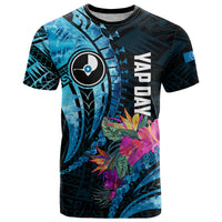 Personalised FSM Yap State Day T Shirt Tropical Flowers Tribal Pattern LT05 Blue - Polynesian Pride