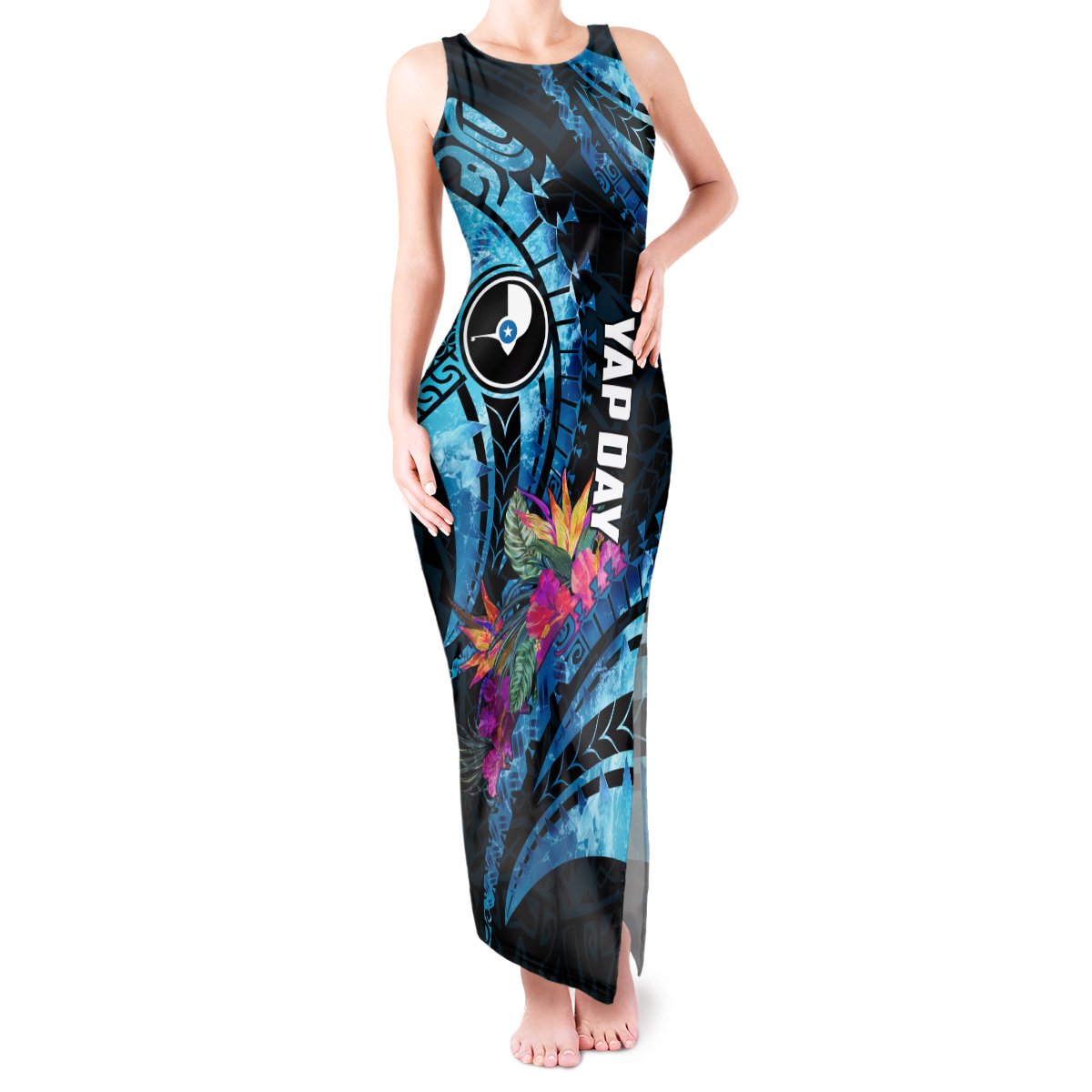 Personalised FSM Yap State Day Tank Maxi Dress Tropical Flowers Tribal Pattern LT05 Women Blue - Polynesian Pride