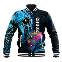 Personalised FSM Chuuk State Baseball Jacket Tropical Flowers Tribal Pattern LT05 Unisex Blue - Polynesian Pride