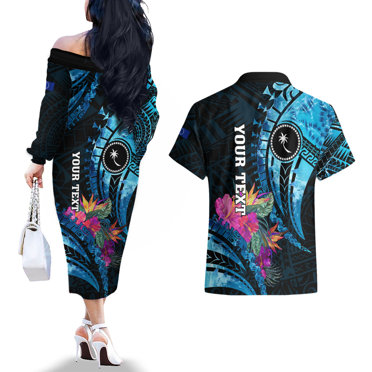 Personalised FSM Chuuk State Couples Matching Off The Shoulder Long Sleeve Dress and Hawaiian Shirt Tropical Flowers Tribal Pattern LT05 - Polynesian Pride