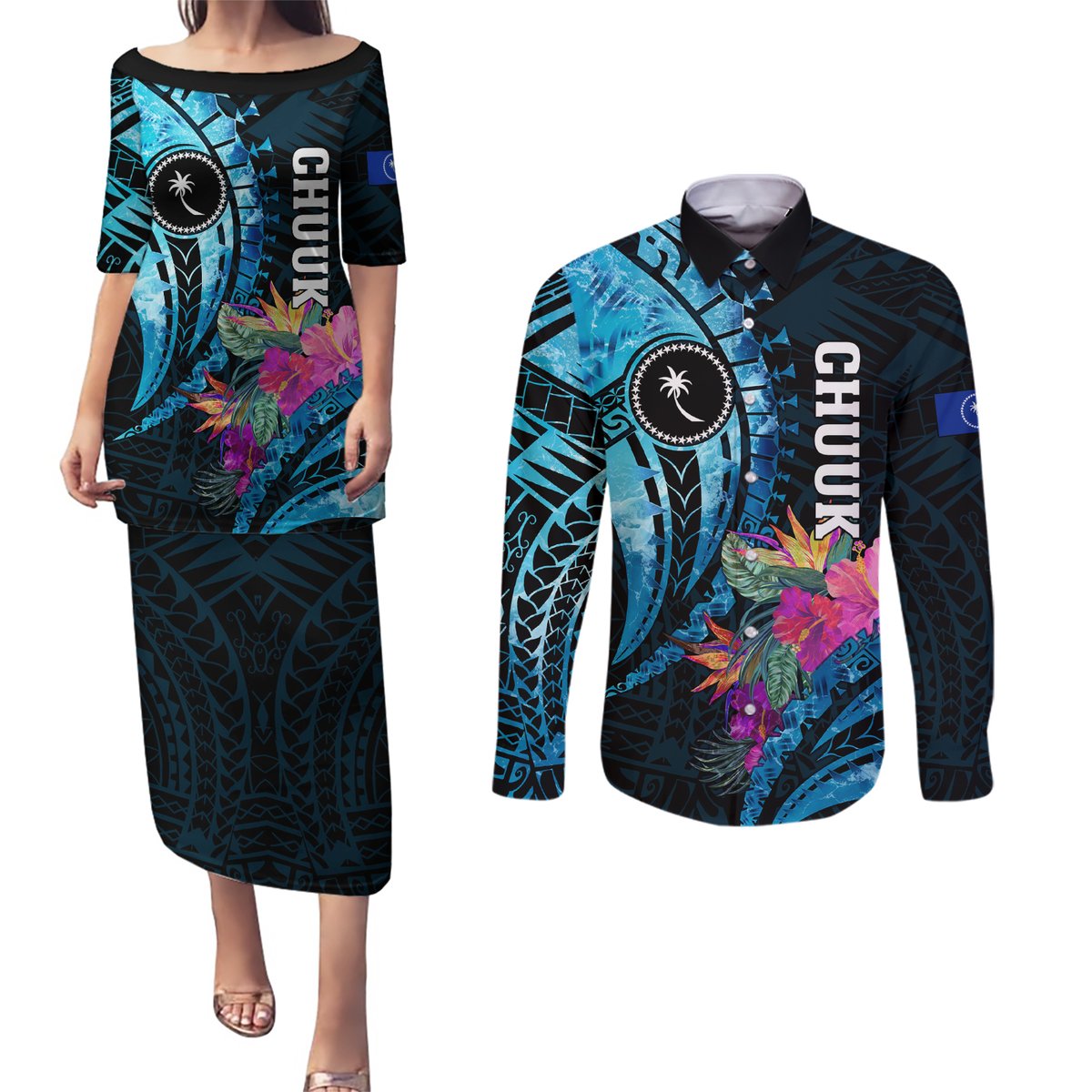 Personalised FSM Chuuk State Couples Matching Puletasi and Long Sleeve Button Shirt Tropical Flowers Tribal Pattern LT05 Blue - Polynesian Pride