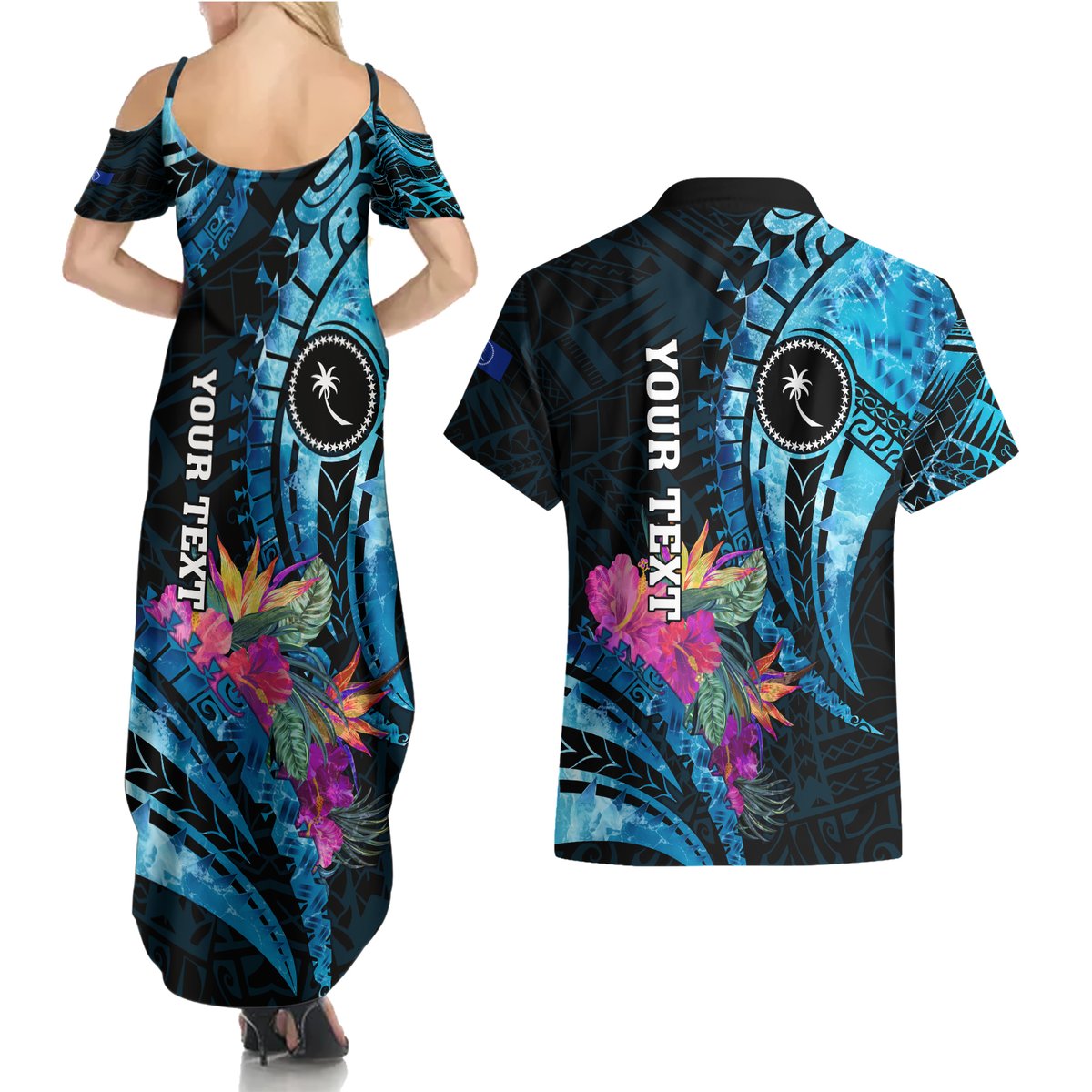 Personalised FSM Chuuk State Couples Matching Summer Maxi Dress and Hawaiian Shirt Tropical Flowers Tribal Pattern LT05 - Polynesian Pride