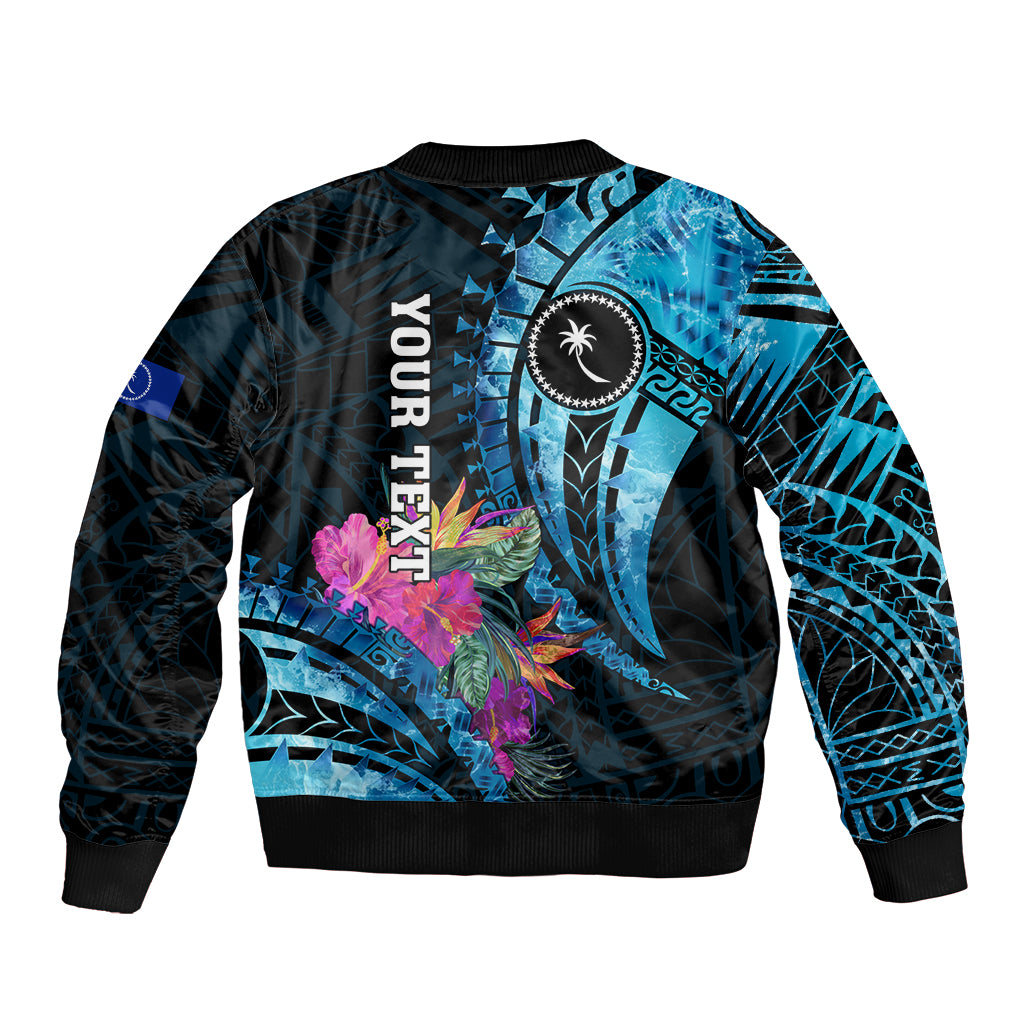 Personalised FSM Chuuk State Sleeve Zip Bomber Jacket Tropical Flowers Tribal Pattern LT05 - Polynesian Pride