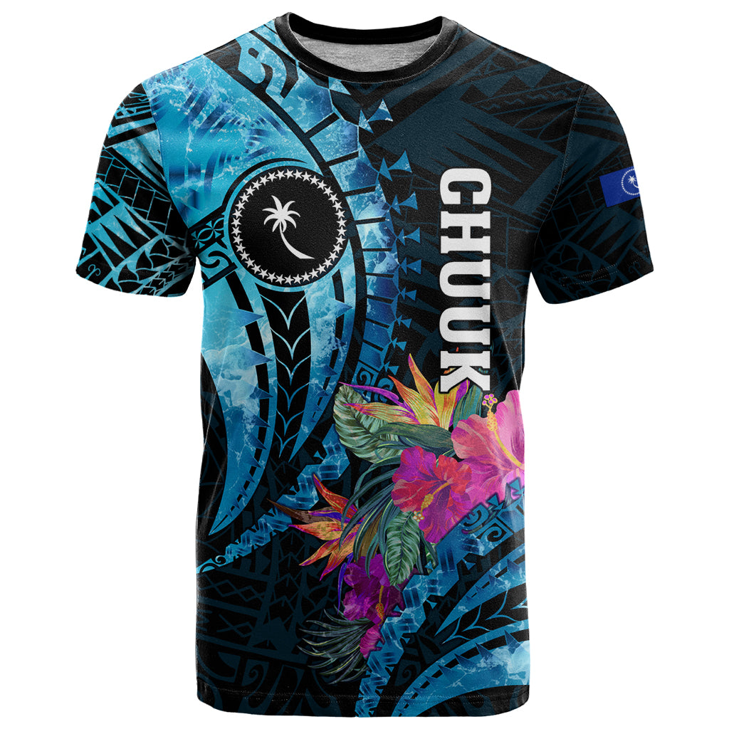 Personalised FSM Chuuk State T Shirt Tropical Flowers Tribal Pattern LT05 Blue - Polynesian Pride
