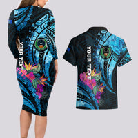 Personalised FSM Pohnpei State Couples Matching Long Sleeve Bodycon Dress and Hawaiian Shirt Tropical Flowers Tribal Pattern LT05 - Polynesian Pride