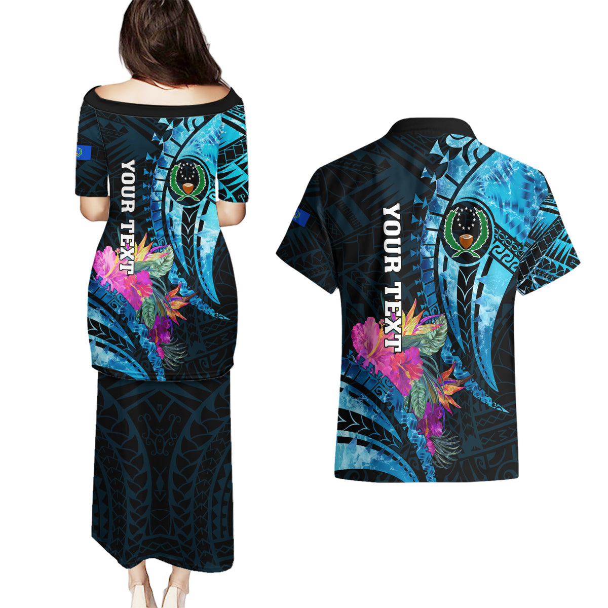 Personalised FSM Pohnpei State Couples Matching Puletasi and Hawaiian Shirt Tropical Flowers Tribal Pattern LT05 - Polynesian Pride