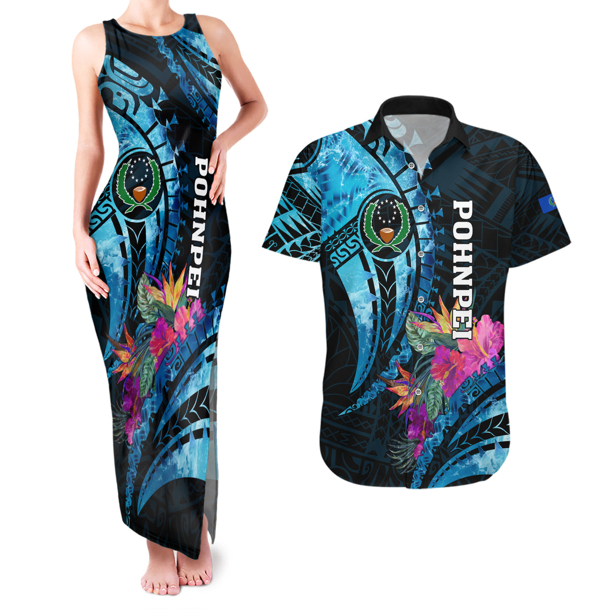Personalised FSM Pohnpei State Couples Matching Tank Maxi Dress and Hawaiian Shirt Tropical Flowers Tribal Pattern LT05 Blue - Polynesian Pride