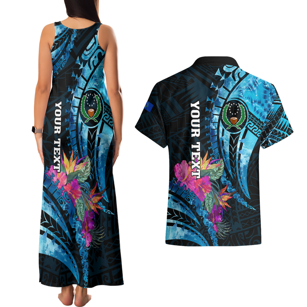 Personalised FSM Pohnpei State Couples Matching Tank Maxi Dress and Hawaiian Shirt Tropical Flowers Tribal Pattern LT05 - Polynesian Pride