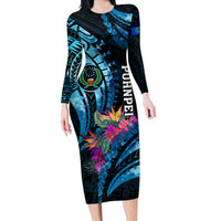 Personalised FSM Pohnpei State Family Matching Long Sleeve Bodycon Dress and Hawaiian Shirt Tropical Flowers Tribal Pattern LT05 Mom's Dress Blue - Polynesian Pride